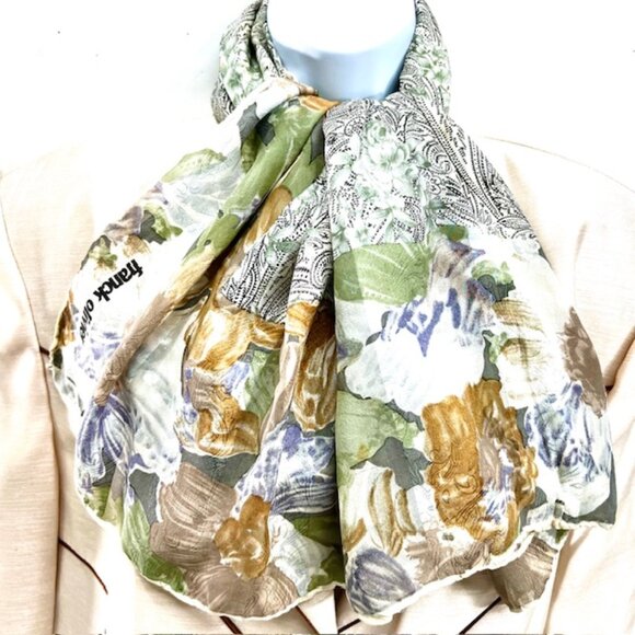Franck Olivier Paris Silk Scarf  large 42"x42" Green gray white brown Floral (37 - Picture 1 of 10